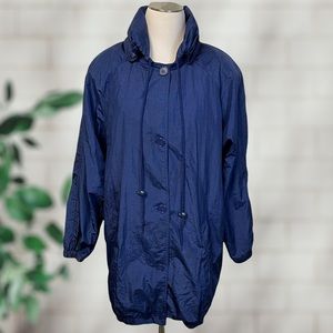 Vintage 90s Norm Thompson Blue Metallic Long Oversized Windbreaker Jacket Parka